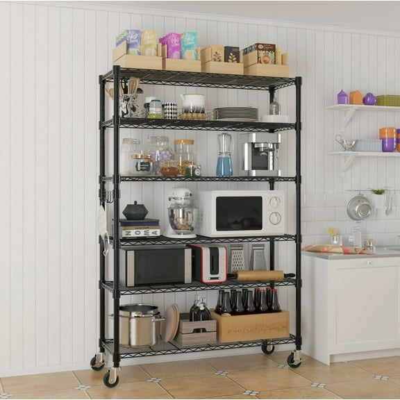 IVV 46" Wide Heavy Duty Steel Wire Shelf with Swivel Casters and Leveling Feet, 6-Tier Height-Adjustable Storage Rack w/ Side Hook Bracket, 900lbs Weight Capacity (Black)