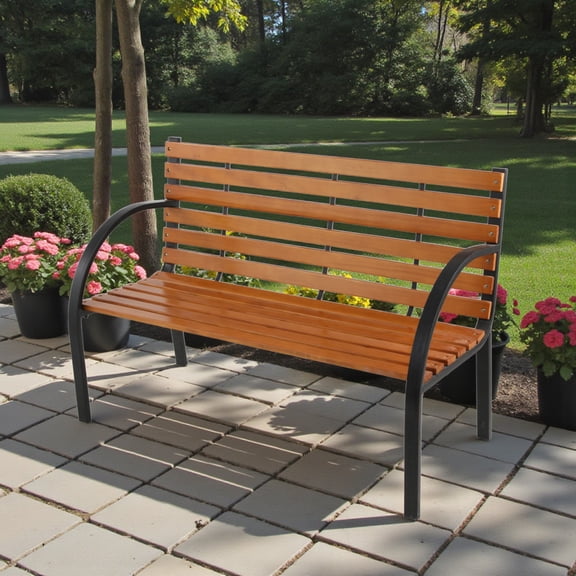 IVV 48" Hardwood Park Seat Outdoor Iron Frame Patio Garden Bench, Black & Natural