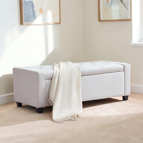 IVV 48-Inch Tufted Storage Bench in Beige Linen Blend Upholstery, Modern End-of-Bed Bench Ottoman with Safety Hinged Lid, Easy Assembly