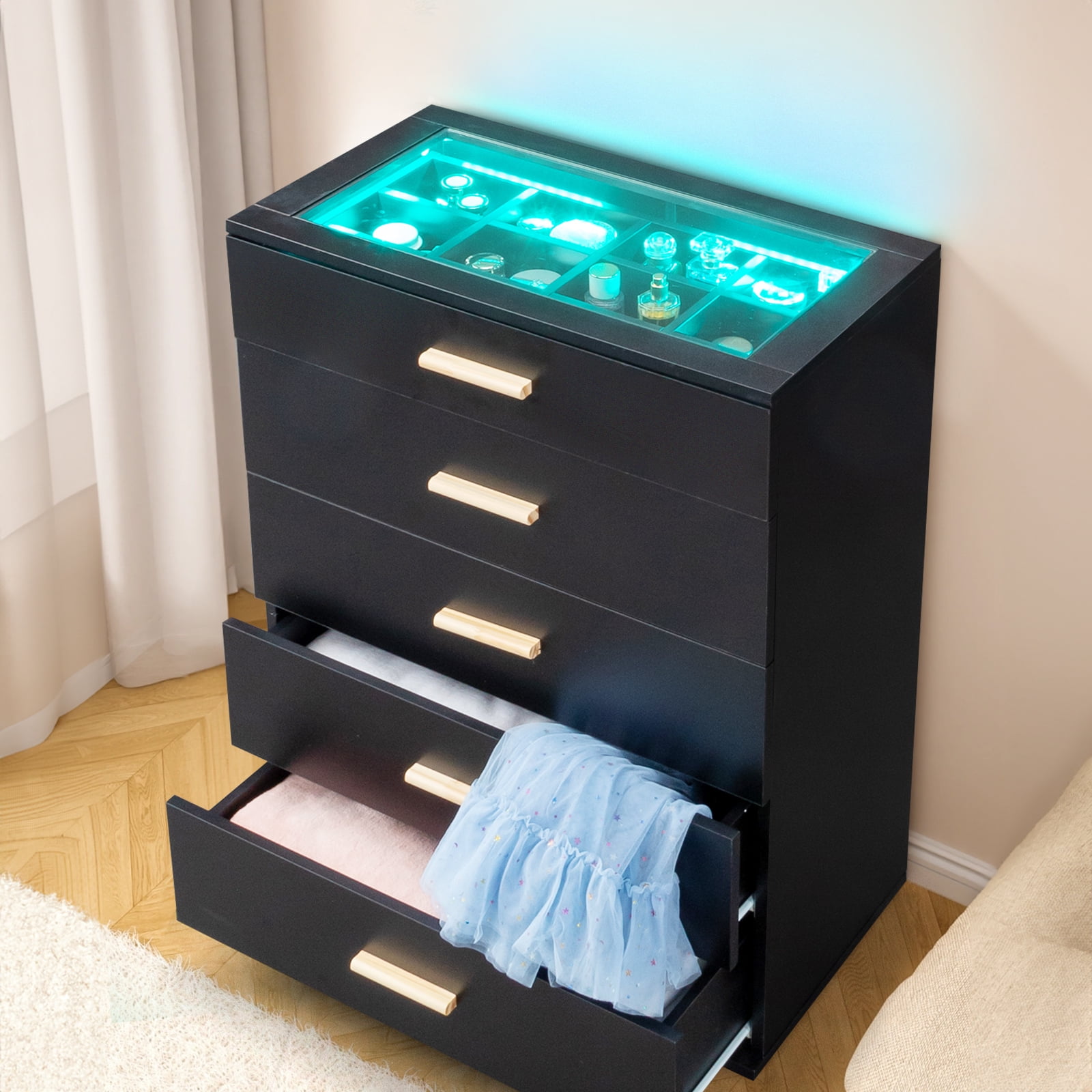IVV 5 Drawers Storage Dresser with Glass Top, Storage Chest of Drawers ...