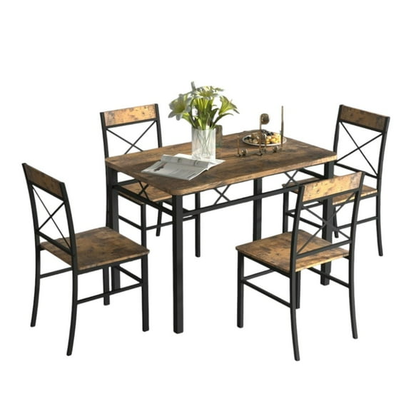 IVV 5-Piece Dining Table Set for 4, Rustic Industrial Kitchen Tables with 4 Chairs, Compact Dining Set for Small Spaces, Brown & Black