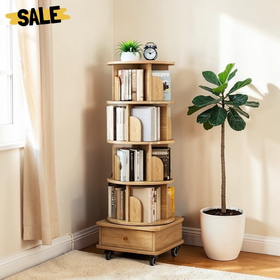 IVV 5-Tier Round Rotating Bookshelf with Bottom Compartment and Rolling Wheels, Modern Farmhouse 360° Spinning Bookcase Tower in Natural, 55.91"H for Bedroom, Living Room, Study