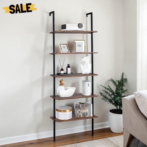 IVV 5-Tier Wall-Mounted Bookshelf, 70.87"H Vertical Open Bookcase w/ MDF Shelves and Black Metal Frame for Home Office, Bedroom, Rustic Brown