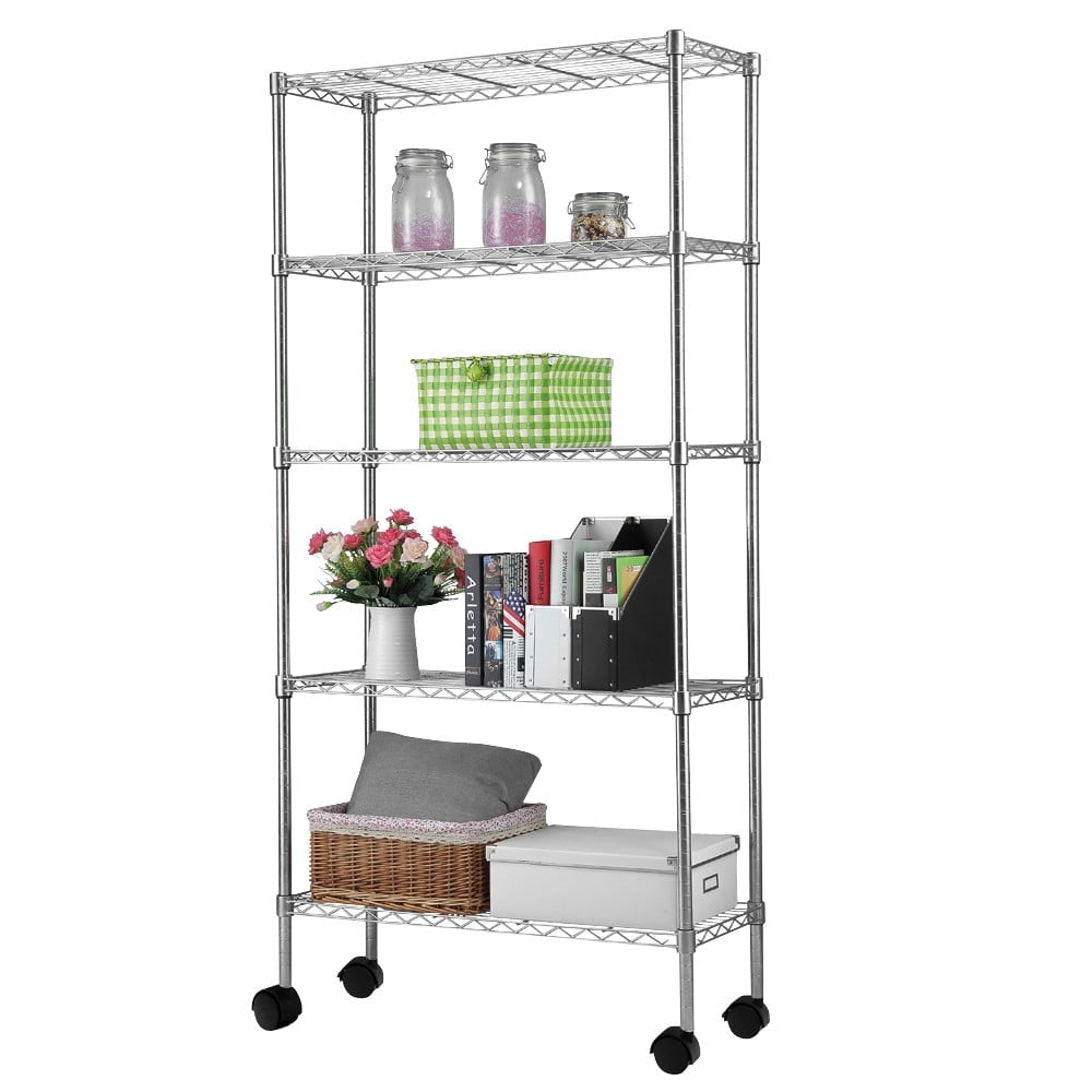 IVV 5-Tier Wire Shelving Unit on Wheels, Adjustable Heavy Duty Metal Storage Rack, Chrome-Plated Rolling Organizer for Kitchen, Laundry, Bathroom, Garage, Pantry, 35.4"L x 13.8"W x 65"H