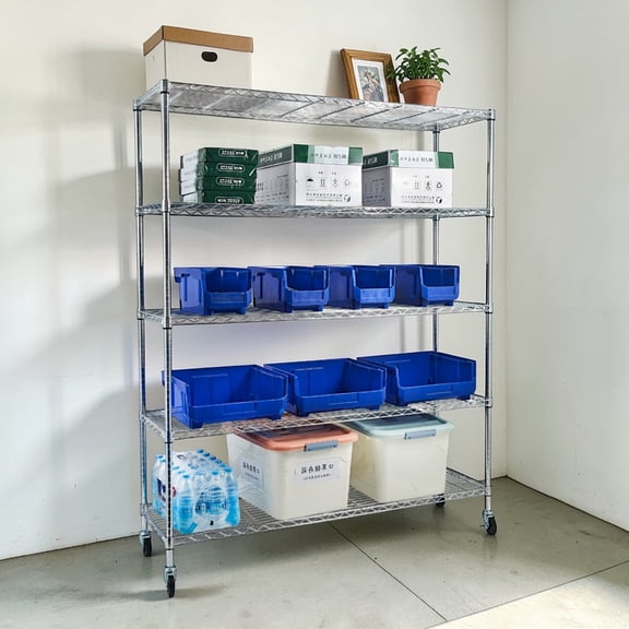 IVV 5-Tier Wire Shelving Unit on Wheels, Heavy Duty Adjustable Metal Storage Rack with 4" Casters, for Pantry Kitchen Garage (Chrome, 5 Tier, 59.06"L x 17.72"W x 70.87"H)