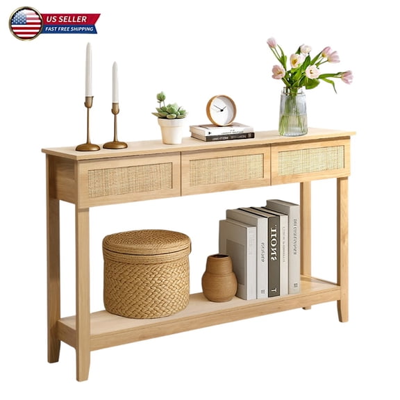 IVV 51.2" Boho Style Console Table with 3 Rattan Drawers and Bottom Open Shelf, Natural Wood Hallway Foyer Table for Living Room