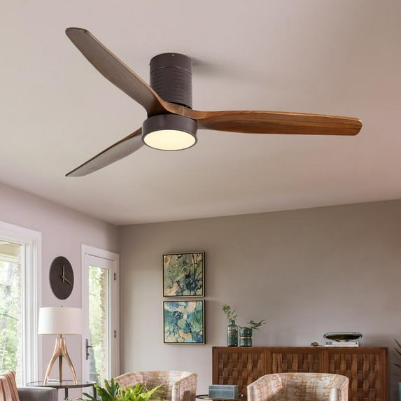 IVV 52" Ceiling Fans with Lights and Remote Control, Modern Flush Mount Ceiling Fan with 3 LED Colors, Outdoor Ceiling Fans, 6-Speeds/Timer/Reversible DC Motor - Walnut