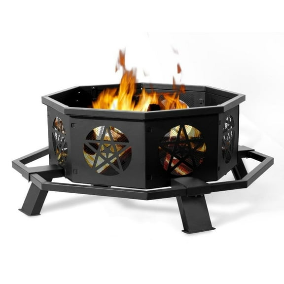 IVV 53 Inch Large Fire Pit, Wood Burning Fire Pit with Wide Side Pedals, Octagonal Outdoor Firepit with Fire Poker for Backyard Bonfire Patio Outside Picnic BBQ (Black)