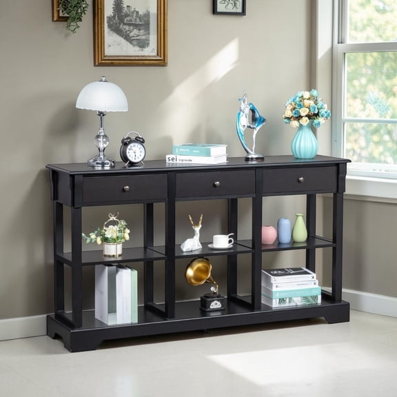 IVV 58.2-Inch Storage Console Table, Modern Entryway Sofa Table with 3 Drawers & Open Shelves, for Hallway Foyer Living Room, Black