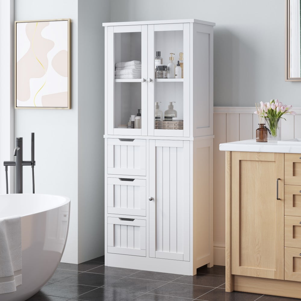 IVV 58" Freestanding Bathroom Cabinet with Glass Doors and 2 Drawers, Kitchen Pantry Storage Cupboard for Bathroom, Living Room, Dining Room, Office, White