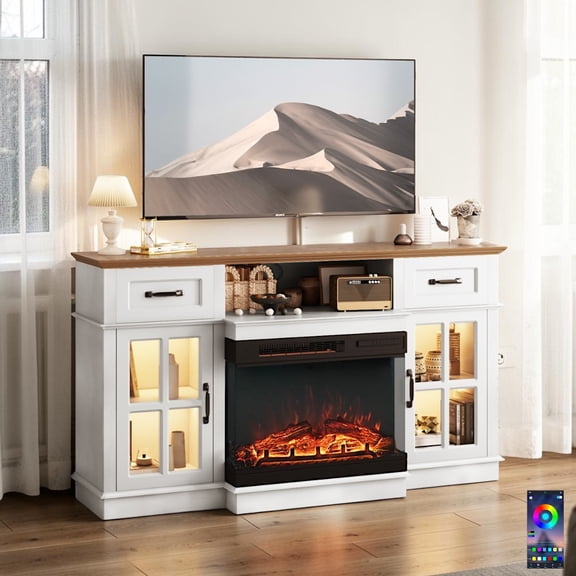 IVV 58-Inch TV Stand with 24" Electric Fireplace Insert, LED Entertainment Center with 2 Glass Doors & 2 Drawers & Adjustable Light Strip, Rustic Media Cabinet for Living Room, Brown+White