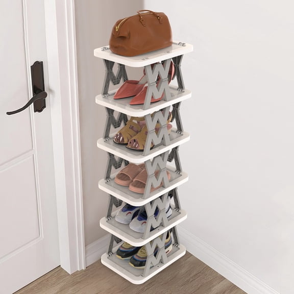 IVV 6-Tier Foldable Shoe Rack, Collapsible Shoe Rack Organizer, Folding Corner Shoe Storage Tower, 9.06"W x 10.63"D x 36.6"H (Gray and White)