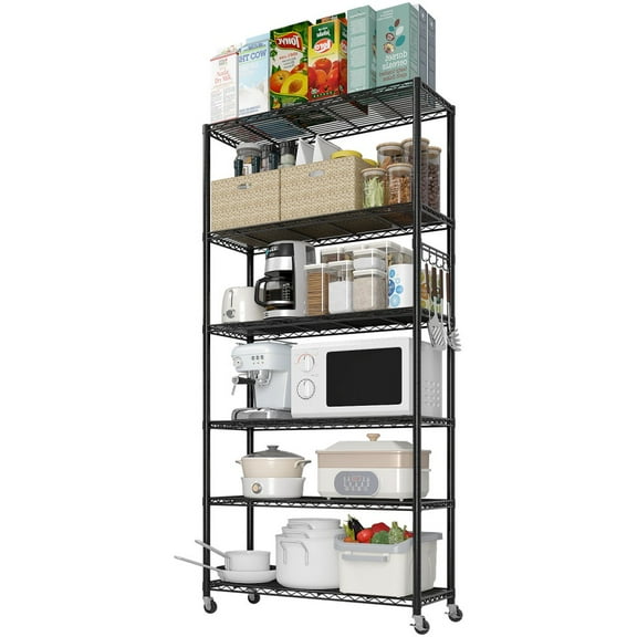 IVV 6-Tier Heavy Duty Storage Shelving Unit on 2" Rubber Wheels, Metal Organizer Wire Rack for Home Garage Use (Black)
