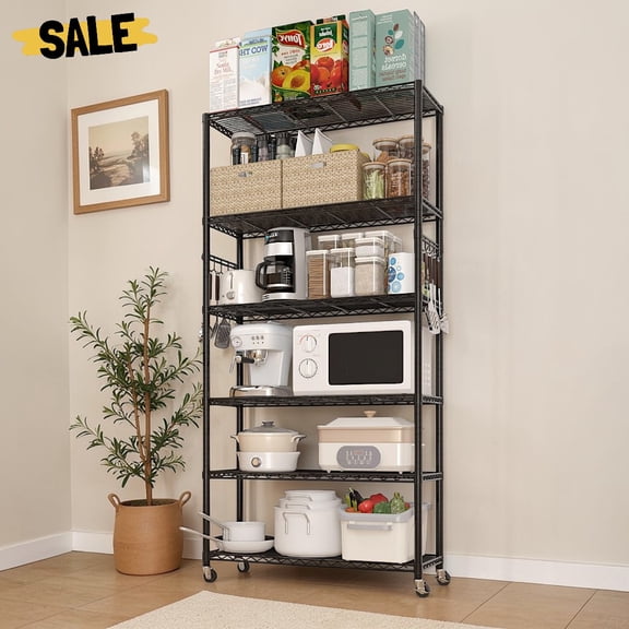 IVV 6-Tier Metal Shelving Unit, 72.83"H Carbon Steel Garage Storage Rack with Rolling Wheels and Adjustable Feet, for Kitchen Pantry Restaurant Warehouse Office, Black