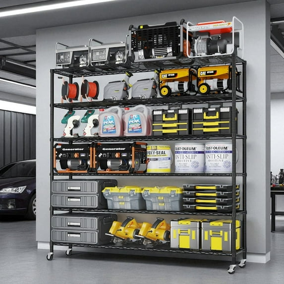 IVV 6-Tier Metal Wire Shelving Unit with Lockable Wheels and Leveling Feet, Height-Adjustable Heavy Duty Cold-Rolled Steel Storage Rack for Home, Garage, Office, Black