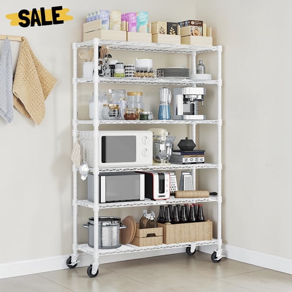 IVV 6-Tier Rolling Storage Rack with Wheels and Level Feet - Adjustable Utility Steel Wire Shelving Unit Organizer for Kitchen/Garage/Pantry/Closet/Laundry - 46.06"L x 17.72"W x 81.89"H, White