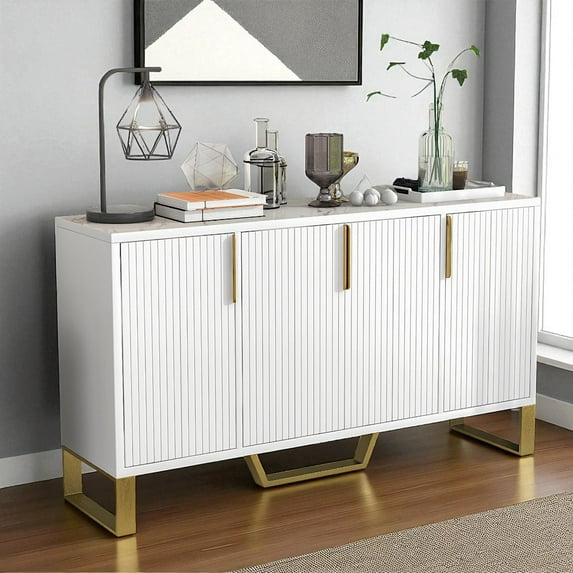 IVV 60" Buffet Sideboard with Push-to-Open Doors, Adjustable Shelves & Gold Handles, Modern Storage Cabinet for Dining Room, Kitchen or Entryway, White
