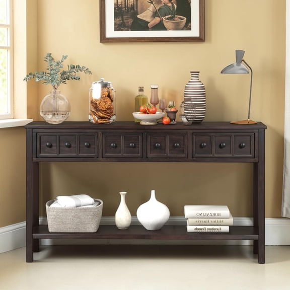 IVV 60-Inch Console Table with 4 Drawers & Bottom Shelf, Retro Wooden Sofa Table behind Couch, Narrow Entryway Table for Living Room Hallway, 220lbs Weight Capacity, Espresso