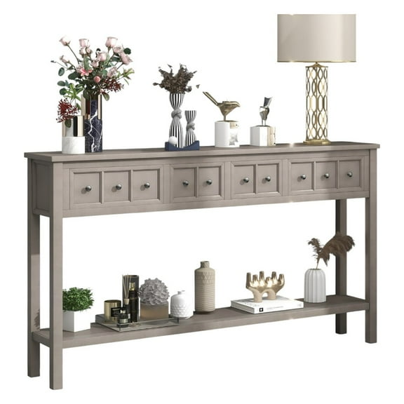 IVV 60 Inch Long Console Table in Gray Wash, Rustic Wood Entry Table with Storage Drawers and Shelf, for Foyer, Hallway
