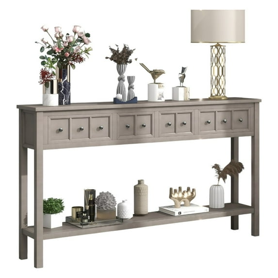 IVV 60 Inch Long Console Table in Gray Wash, Rustic Wood Entry Table with Storage Drawers and Shelf, for Foyer, Hallway