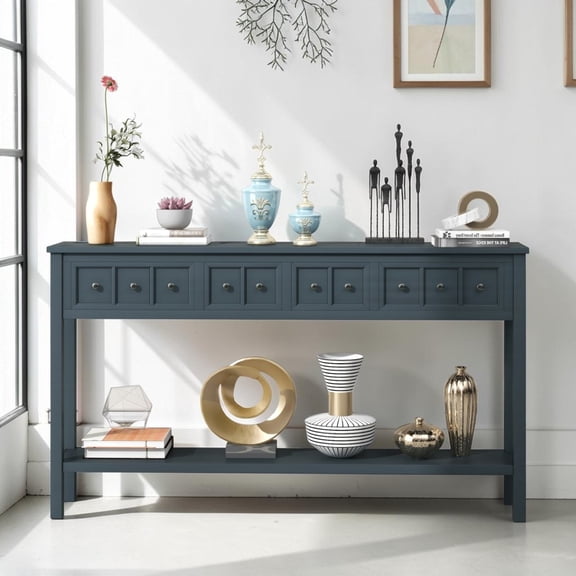 IVV 60" Long Sofa Table with Drawers and Shelf, Solid Pine Wood Frame Console Table, Multi-Functional Entryway Table for Living Room Hallway Foyer, Easy Assembly (Navy)