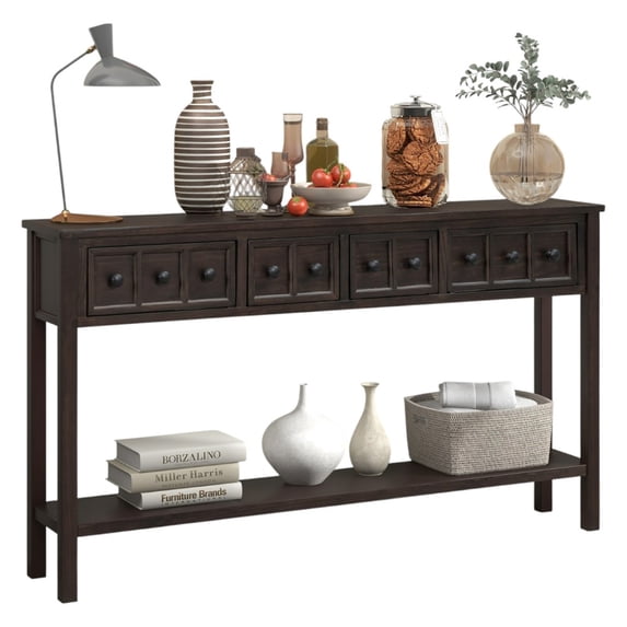 IVV 60" Rustic Entryway Console Table with 4 Storage Drawers and Bottom Shelf, Solid Wood Frame Sofa Table for Hallway, Living Room, Foyer (Espresso)