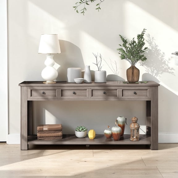 IVV 63" Rustic Console Table with 4 Drawers and Bottom Shelf, Solid Wood Long Sofa Table for Entryway, Hallway, Foyer, Living Room (Gray Wash)