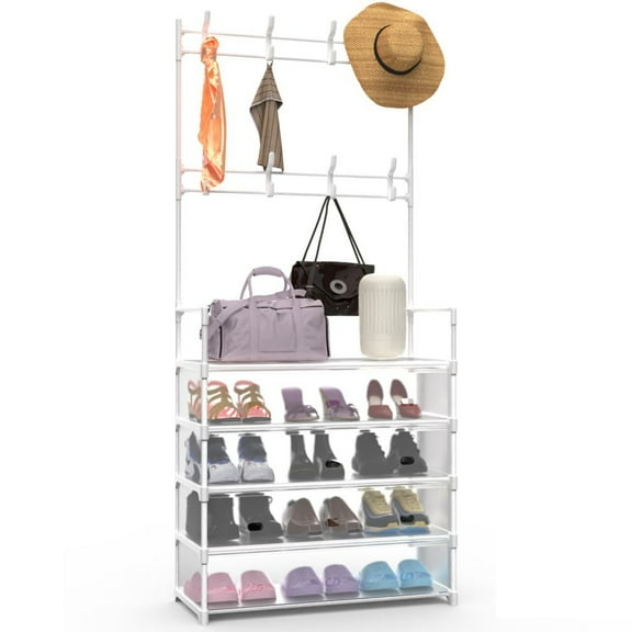 IVV 66"H Entryway Hall Tree, Coat and Shoe Rack, 2 Rows Clothes Rack with 8 Removeable Hooks, 5-Tier Shoes Storage Organizer with Dustproof Baffle and Air Ventilation Holes, White
