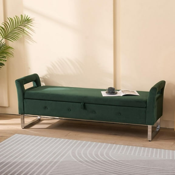 IVV 67.91"W Upholstered Velvet Storage Bench, Modern Entryway Shoe Bench with Soft Seat and Armrests, Hidden Storage Space, Silver Metal Legs, East to Assemble (Green)