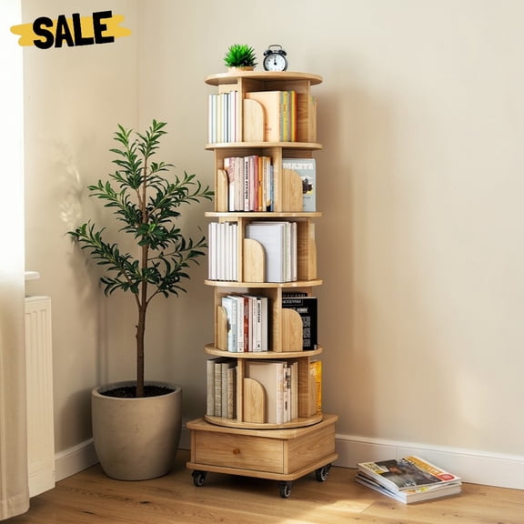 IVV 68" Tall Rotating Bookshelf Tower, 6-Tier Revolving Bookcase Spinning Rack on Wheels, Vertical Corner Shelves Organizer for Small Apartments, Bedrooms, Living Rooms, Reading Nooks, Natural Wood