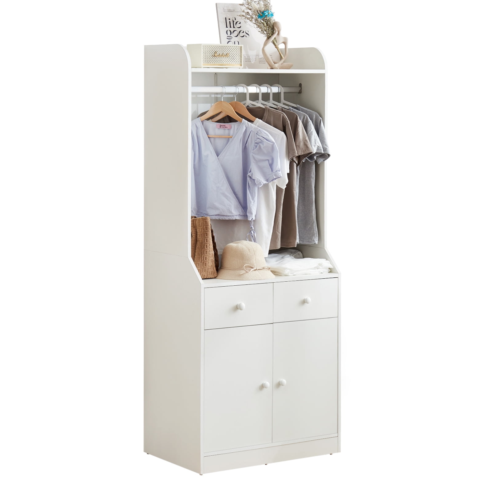 IVV 69"H Wardrobe Closet, White Wood Armoire Wardrobe Closet with 2 Drawers, Open Shelves and