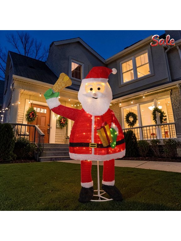 6ft Pre-lit Christmas Santa Claus Holding Bell & Gift Box, Outdoor Holiday Decoration with 200 LED Lights for Yard, Garden, Patio, Porch