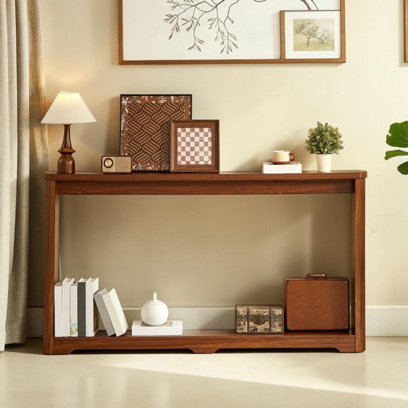 IVV 70.1" Fluted Console Table with Curved Arc Design, 2-Tier Narrow Entryway Table, Modern Retro Sofa Table with Storage Shelf, Slim Hallway Accent Table for Living Room, Entryway & Foyer (Walnut)