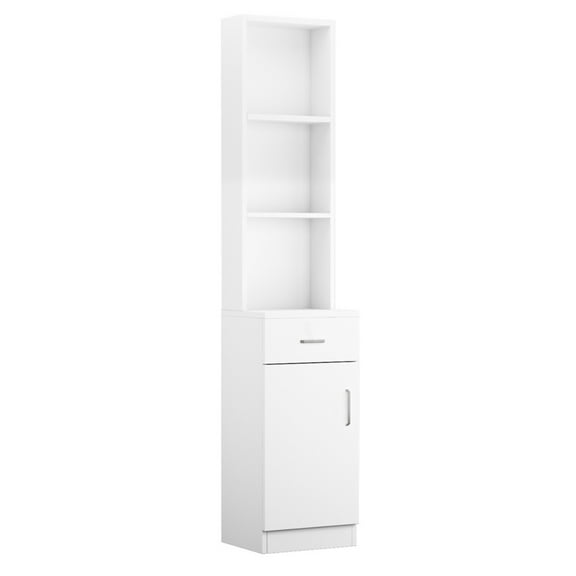 IVV 70.1"H Tall Storage Cabinet with 1 Door, 1 Drawer & 3 Open Shelves, Modern Floor Standing Cabinet for Bathroom, Salon, or Home Use (White)