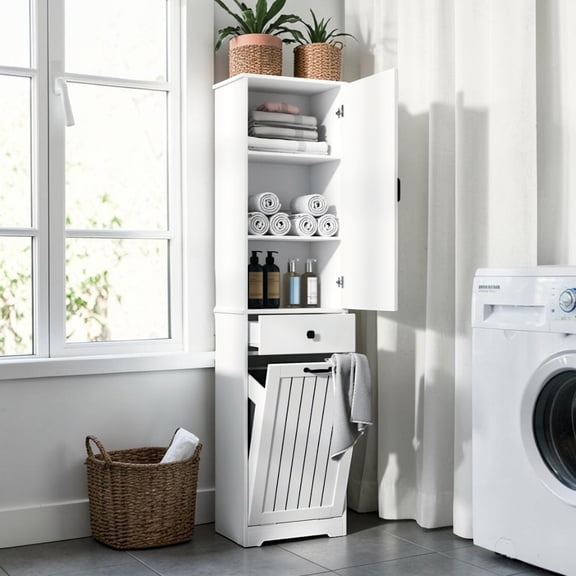 IVV 70.9"H Tilt-Out Laundry Cabinet with Storage Drawer & Removable Cloth Bags, Space-Saving Bathroom Organizer (White)
