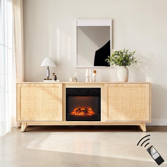 IVV 70 Inch Fireplace TV Stand in Natural Oak, Farmhouse Low Profile Media Console w/ 23" Electric Heater & Remote, Living Room Entertainment Center with Rattan Doors & Soft Close Hinges