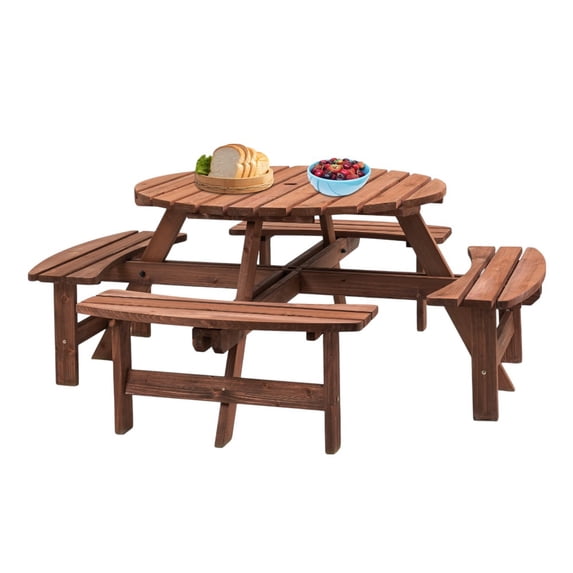 IVV 70" Round Fir Wood Picnic Table with 4 Built-in Benches & 2" Umbrella Hole, Brown