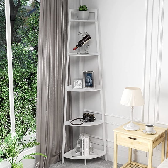 IVV 70 inch Tall Corner Shelf, 5 Tier Modern Corner Bookshelf Bookcase Industrial Corner Ladder Shelf Plant Stand for Living Room, Kitchen, Bathroom, Home Office (White)