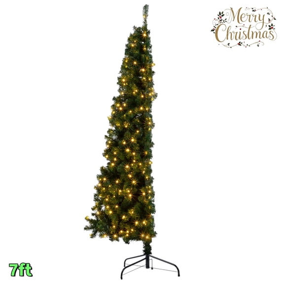 IVV 7ft Pre-Lit Half Christmas Tree with 230 LED Lights, Holiday Xmas Tree with Metal Stand for Home Office, Space Saving, Green