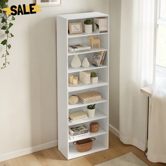 IVV 8-Tier Media Tower Rack, 71"H Cube Organizer Bookcase with Adjustable Shelves, Slim DVD Storage Display Stand for Holding CDs, Books, Photos, Plants (White)