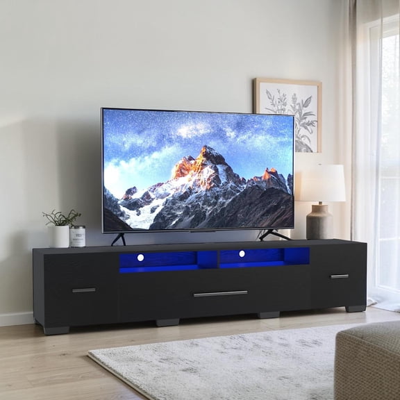 IVV 82.7" TV Stand with RGB LED Lights & Charging Station - 31 Lighting Modes, APP/Remote Control, 2 Outlets & 2 USB Ports, Fits 80" TVs, Black