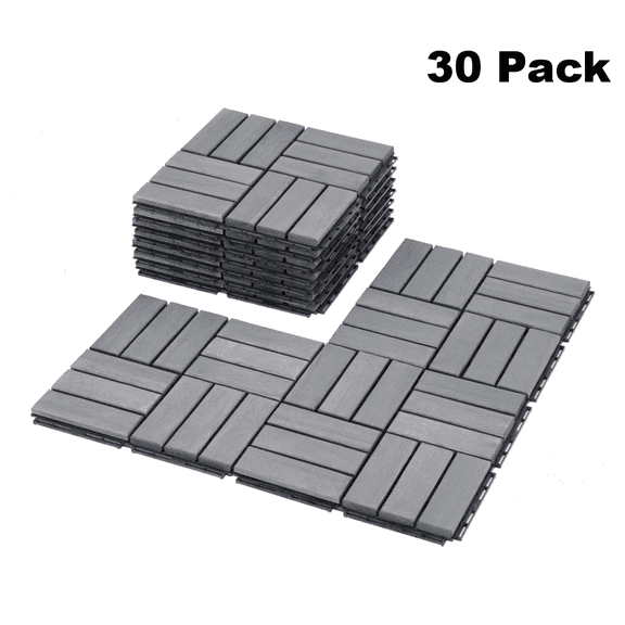 IVV Acacia Hardwood Interlocking Deck Tiles 30 Pack, 12"x12" Light Gray Waterproof Outdoor Checker Pattern Flooring Tiles for Patio, Garden, Balcony, Porch, Poolside