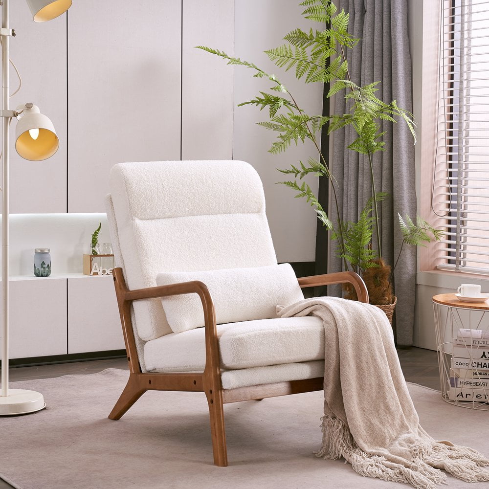 White Faux Sherpa and Wood Mid-Century Modern Accent Chair