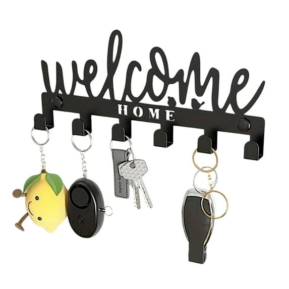 IVV Adhesive-Mounted Metal Key Holder with "Welcome Home" Accent – Space-Saving Wall-Mounted Organizer with 6 Hooks for Keys, Hats, Towels – Black