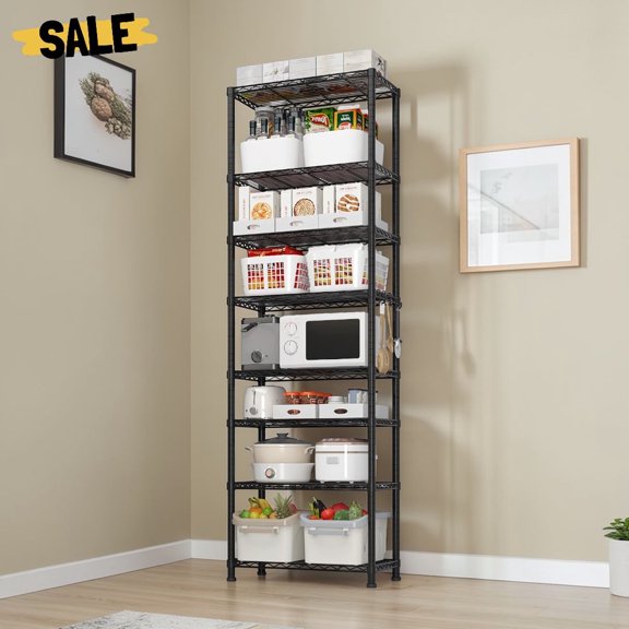 IVV Adjustable 8-Tier Steel Wire Shelf, 78.74" Tall Heavy Duty Storage Rack with 4 Hooks - NSF Commercial Grade, Tool-Free Assembly, for Home Kitchen Pantry Basement, Black