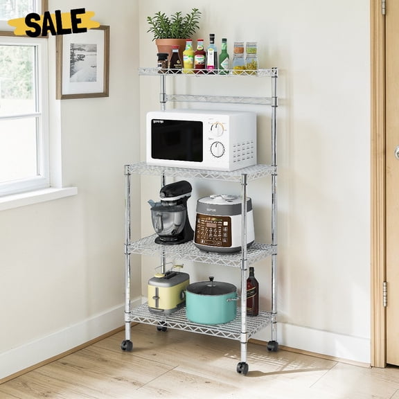 IVV Adjustable Baker's Rack with Storage & Wheels, Rolling Microwave Stand Wire Shelving Unit, 4-Tier Carbon Steel Utility Kitchen Rack, 23.62"L x 13.78"W x 47.24"H, Silver