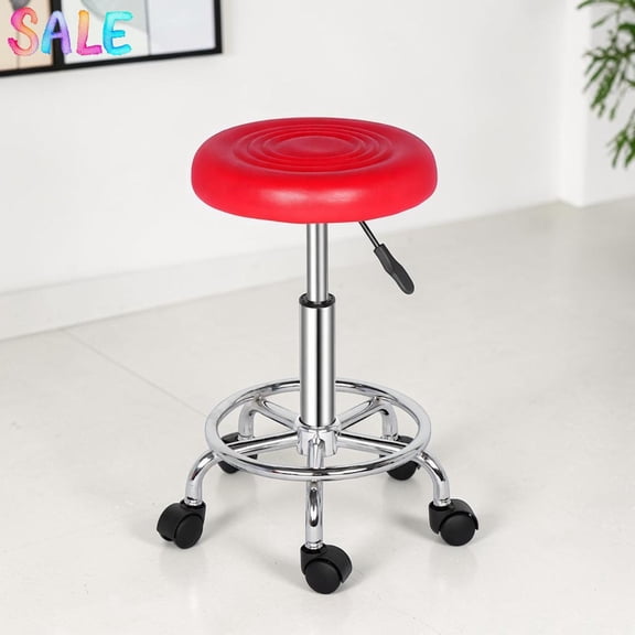 IVV Adjustable Swivel Backless Salon Stool, PU Leather Round Padded Rolling Stool with 360° Rotation & Height Adjustment, Chrome Plated Iron Frame, for Salon Studio Office, Red