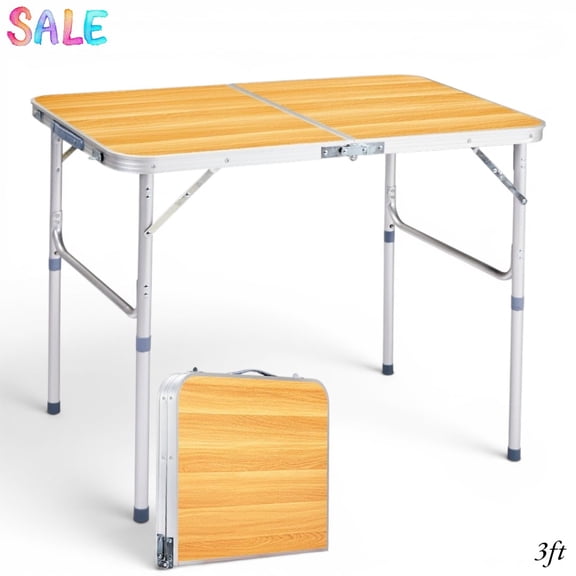 IVV Aluminum Alloy Folding Table, 3 Feet Bi-fold Portable Utility Table with 3 Adjustable Heights, Rust-Proof Outdoor Dining Table for Camping, Picnic, BBQ, Party (Wood Grain)