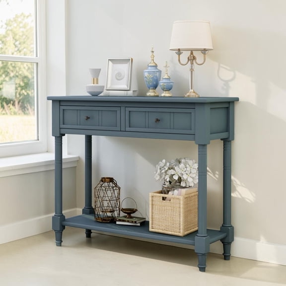 IVV Antique-Inspired Console Table, Wooden Accent Sofa Table with 2 Drawers & Open Shelf, for Entryway Hallway Living Room, Easy Assembly, Navy