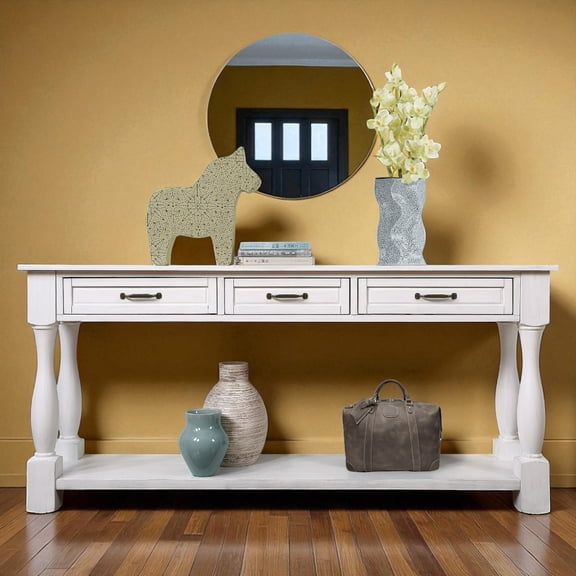 IVV Antique White Console Table with 3 Drawers and Storage Shelf, Mid-Century Sofa Table w/ Solid Pine Wood Thick Legs for Foyer, Entryway, Hallway, 63.38"L x 14.56"W x 30"H